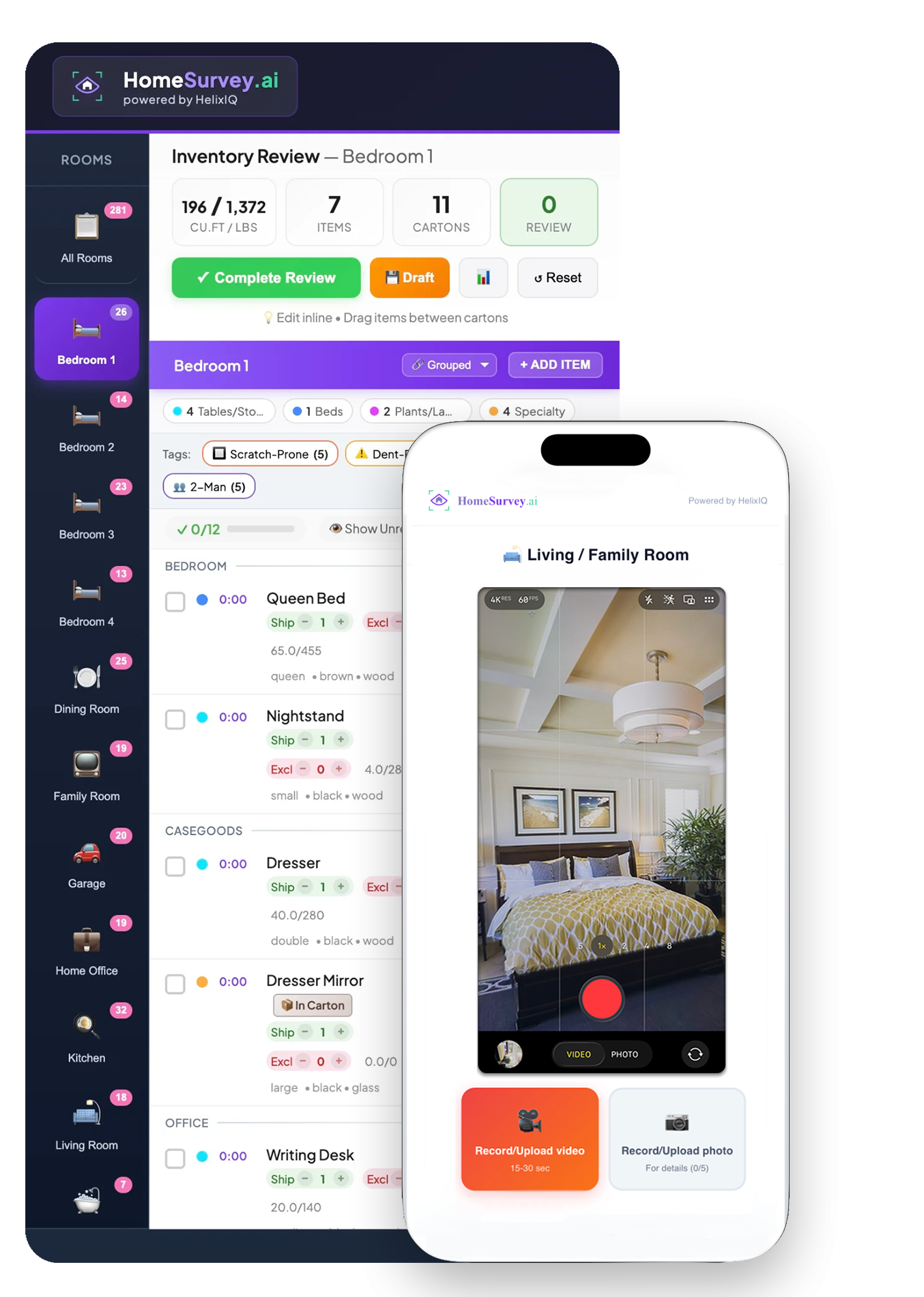 HomeSurvey.ai virtual moving estimate — customer records a phone walkthrough while the AI builds a quote-ready inventory review with cubic feet, items and cartons