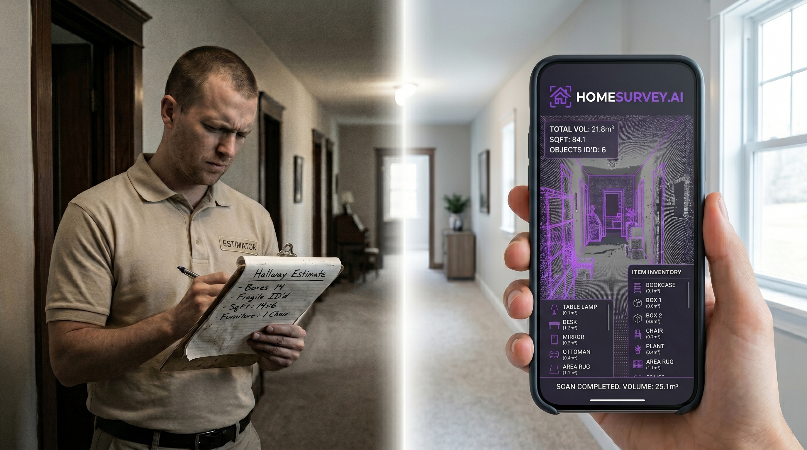 Side-by-side: a clipboard-wielding estimator versus an AI-powered HomeSurvey.ai phone scan replacing in-home estimates