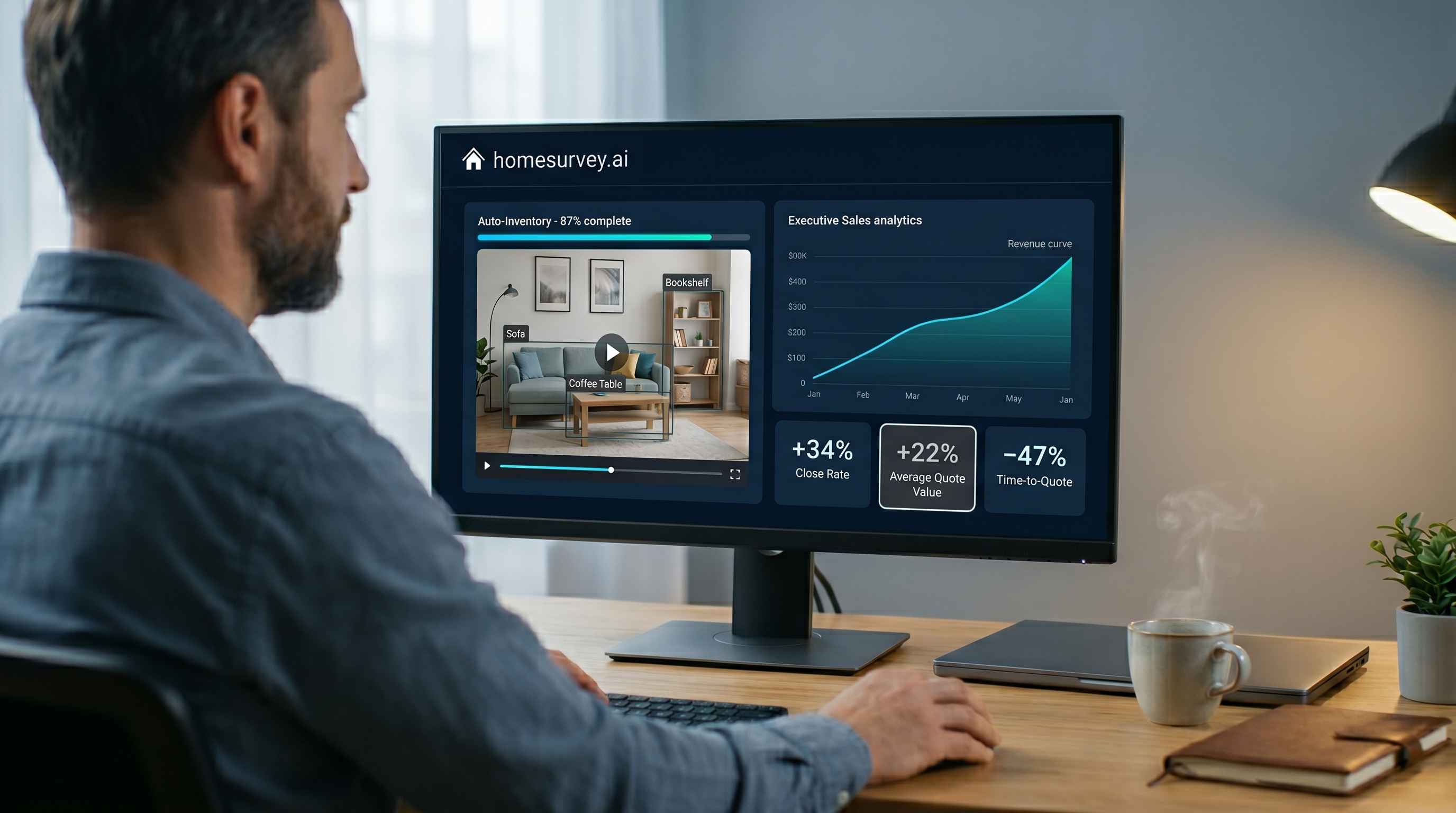 Sales manager reviewing the HomeSurvey.ai dashboard with AI-processed video inventory and analytics: +34% close rate, +22% average quote value, −47% time-to-quote