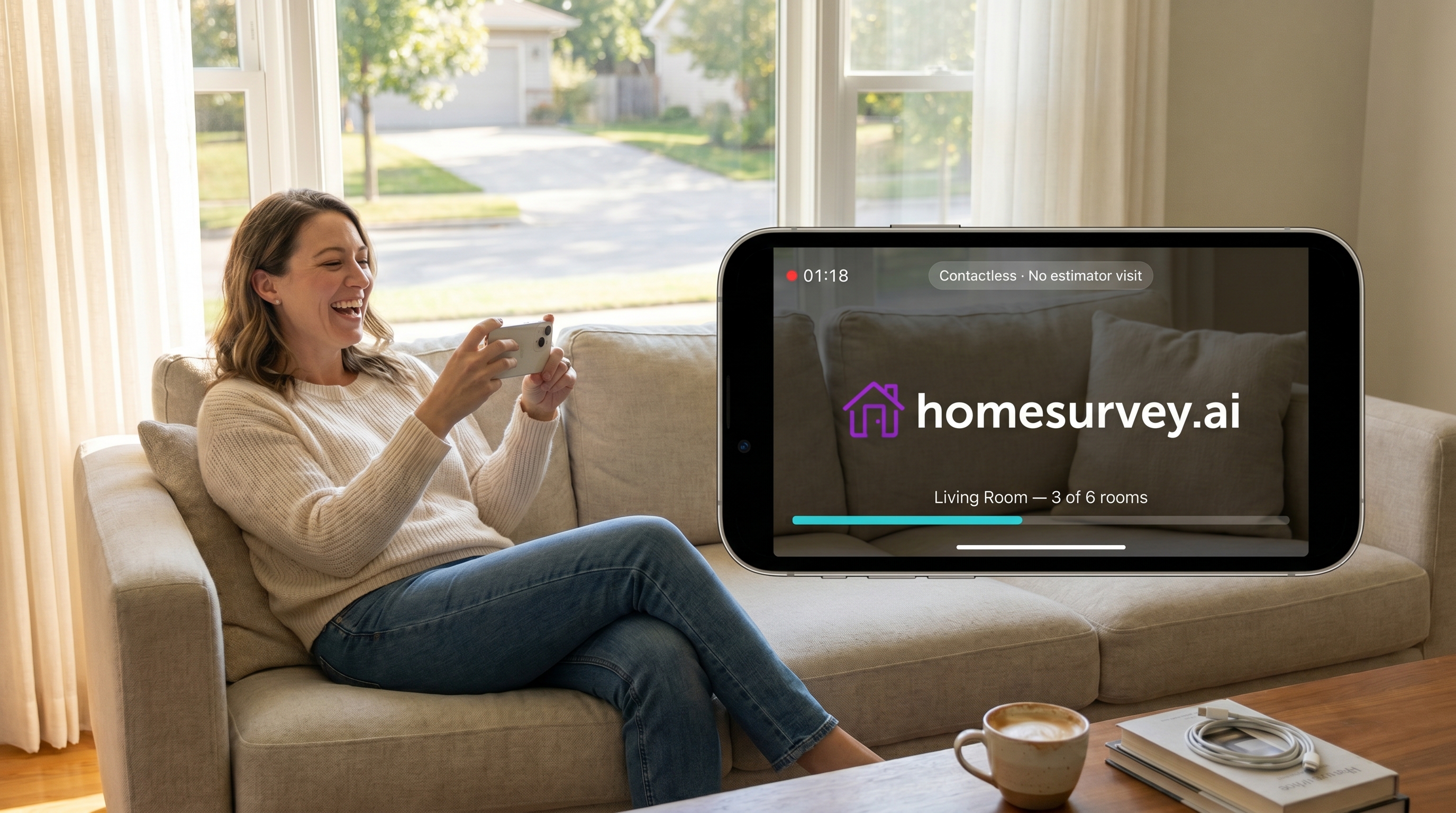 Contactless moving survey: a homeowner relaxed on her couch recording her home with HomeSurvey.ai — no estimator visit required