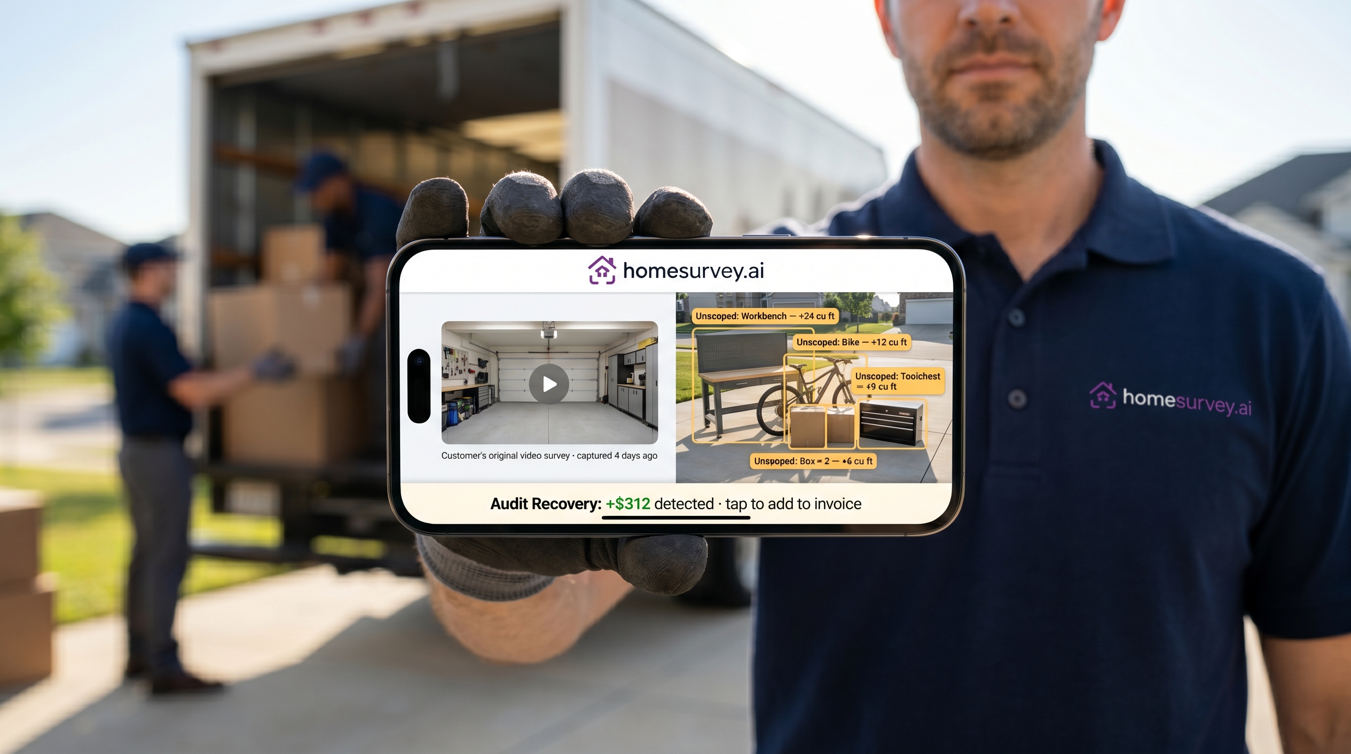 Moving foreman performing a HomeSurvey.ai move-day audit, comparing the customer's original video survey against actual cargo to recover unscoped revenue