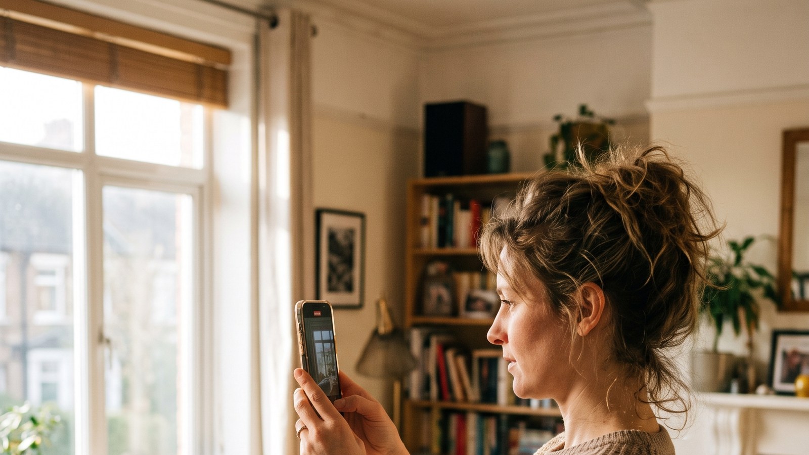 A woman standing in her living room holding her phone up to record a video walkthrough for a moving survey, with a bookshelf and warm window light behind her