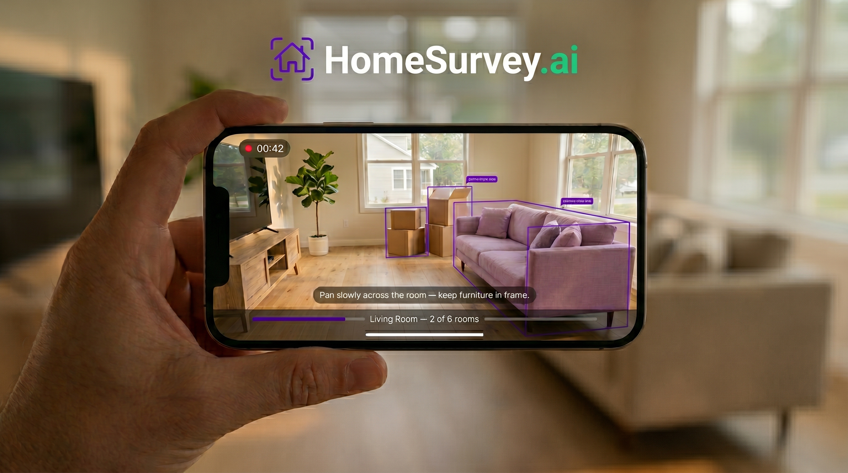 HomeSurvey.ai video moving survey: a customer recording an in-app video walkthrough of their living room with on-screen guidance and room progress